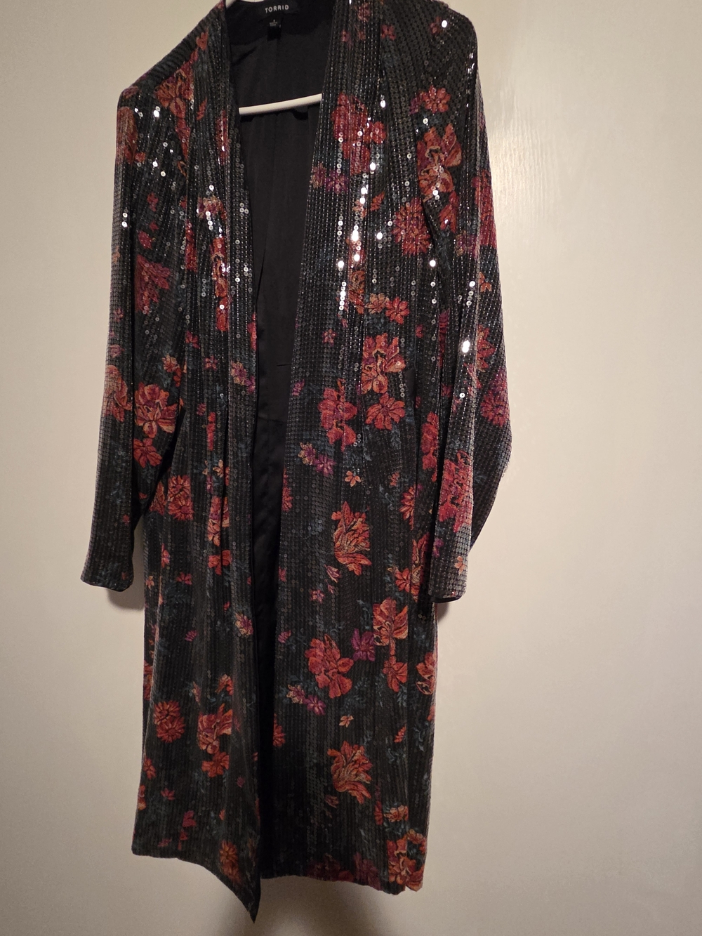 torrid Black Sequin Floral Duster with Red & Orange Flowers